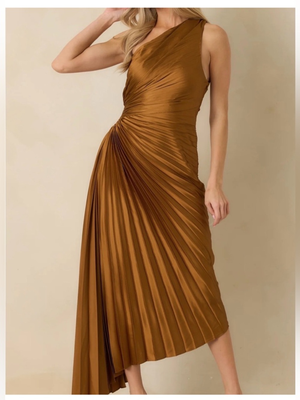 One Shoulder Pleated Midi Asymmetric Hem Dress